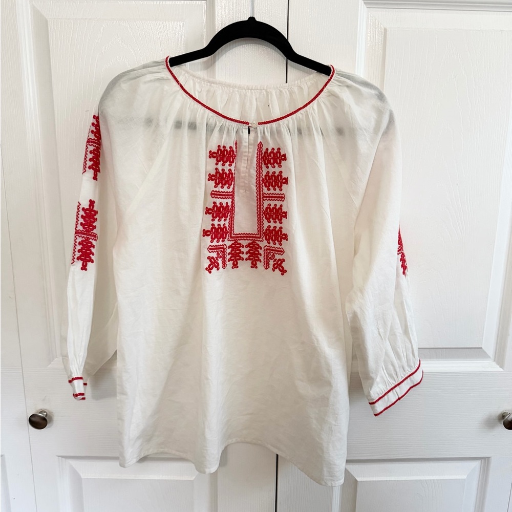 Karen Kane White Peasant Blouse with Red Embroidery size large
